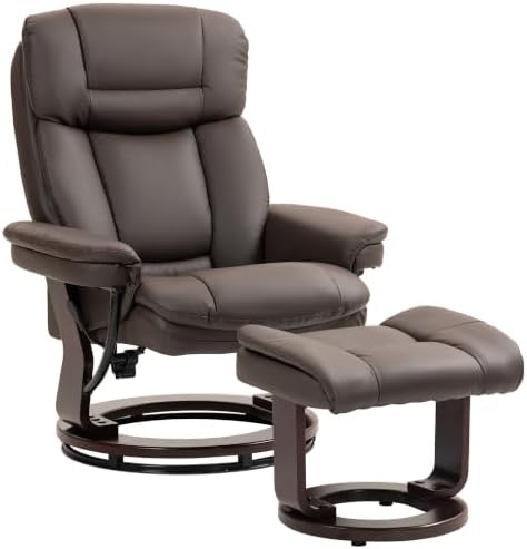 HOMCOM Recliner Chair with Ottoman, PU Leather Swivel Recliner with Comfy Footrest, Upholstered Adjustable Living Room Chair and Ottoman Set, Dark Brown