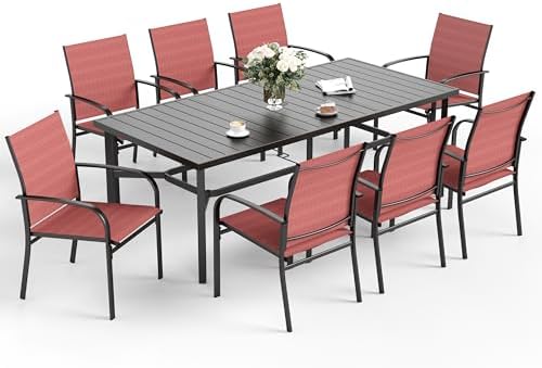 SUNSHINE VALLEY 9pc Patio Dining Set, 83" Metal Table & 8 Red Chairs