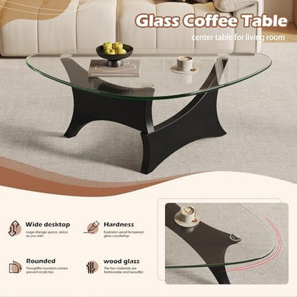 Modern Glass Coffee Table for Living Room, Mid Century Modern Triangle Coffee Table with Tempered Glass Top & Solid Wood Base, Small Center Table for Apartment（Black/Transparent，Large）