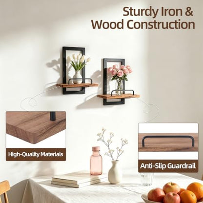 Floating Plant Shelves 2Pack, Metal&Wood Wall Mounted Shelf with Guardrail