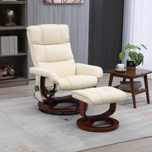 HOMCOM Massage Recliner Chair with Ottoman Swivel Recliner Cream White