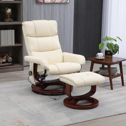 HOMCOM Massage Recliner Chair with Ottoman Swivel Recliner Cream White