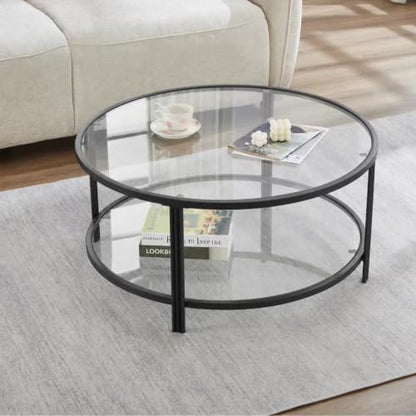 36" Round Glass Coffee Table,Black Circle Coffee Table with Storage