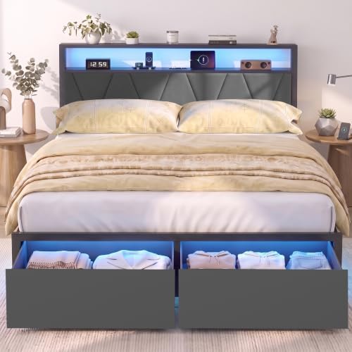 Queen Bed Frame with Storage Drawers & LED Lights, Metal Platform Bed with Charging Station and Upholstered Headboard, 2-Tier Storage Shelf, Noise Free, No Box Spring Needed