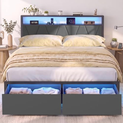 Queen Bed Frame with Storage Drawers & LED Lights, Metal Platform Bed with Charging Station and Upholstered Headboard, 2-Tier Storage Shelf, Noise Free, No Box Spring Needed