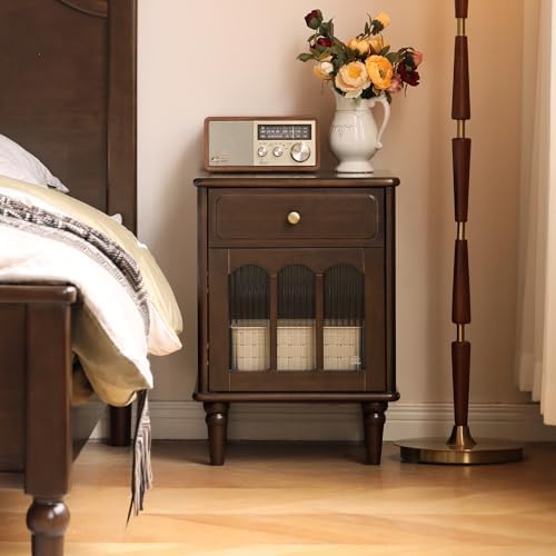 Solid Wood Nightstand Set of 2, Wooden Nightstands with Drawer and Fluted Glass Door – Mid Century Modern Farmhouse Bedside Table, Left and Right Set, 15.75" D x 16.54" W x 22.83" H