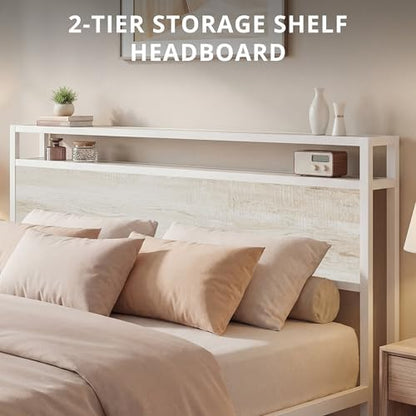 LIKIMIO Full Size Bed Frame with 2-Tier Storage Shelf Headboard