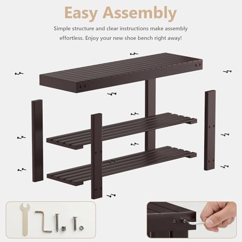 NEWBULIG Shoe Rack Bench, 3-Tier Bamboo Organizer, 11x36x18in, Brown