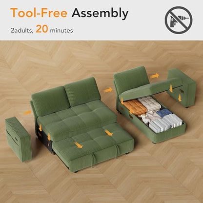 WEUP Plush Corduroy 81" Sectional Sofa with Pull Out Bed, 3 Seat Sleeper Sofa with Storage, Adjustable Backrest, USB Ports, Tool-Free Assembly, Sectional Couches for Living Room, Green