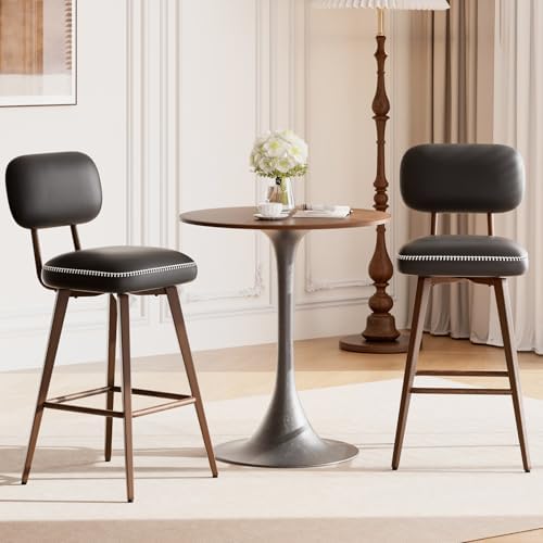 MALOL 26“ Mid Century Leather Swivel Bar Stools Set of 2, Black