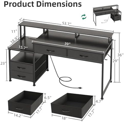 MUTUN 53" Computer Desk with 4 Drawers & Power Outlets, Reversible Home Office Desk with Monitor Stand & Printer Stand, Gaming Desk with Led Lights, Study Writing Work Desk Table for Bedroom (Black)