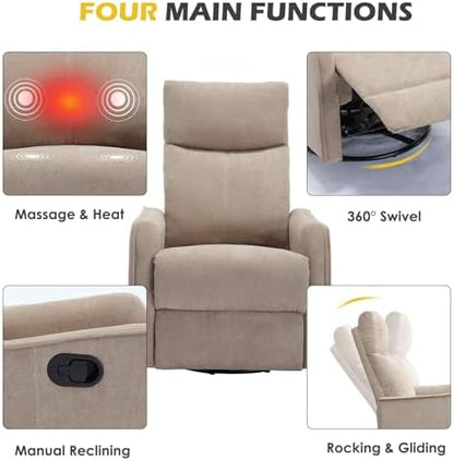 Trustyue Swivel Rocker Recliner Chair, 360° Swivel Recliner with Heat and Massage, Rocker Recliner Nursery Glider Chair with Side Pockets for Living Room (Khaki, Fabric)