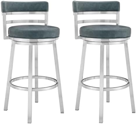 Armen Living Madrid 26" Seat Height Swivel Modern Blue Faux Leather and Brushed Stainless Steel Bar Stool for Kitchen Island Counter, Set of 2