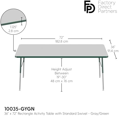 FDP 36" x 72" Rectangle Table with Swivel Glide Legs - Gray/Green