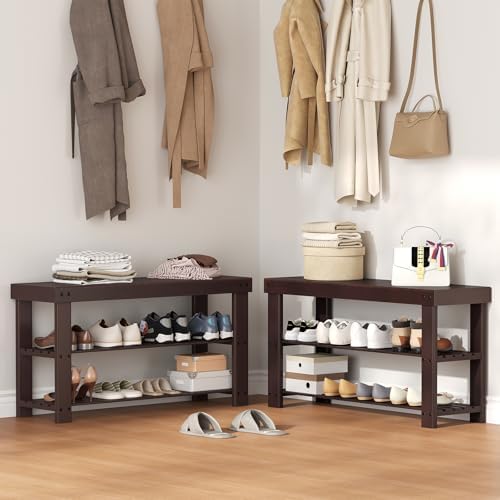 NEWBULIG Shoe Rack Bench, 3-Tier Bamboo Organizer, 11x36x18in, Brown