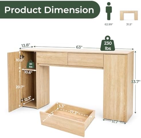 63" Entryway Table Console Table with Drawers & Hidden Cabinets