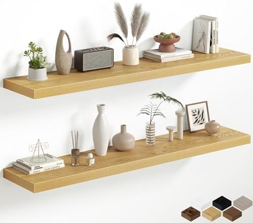 Oak Floating Shelves for Wall, 55 Inch Floating Shelves Set of 2, Wall Mounted Rustic Wood Shelf for Bathroom, Living Room, Bedroom and Kitchen, Hanging Shelf for Storage, Books, Home Decor