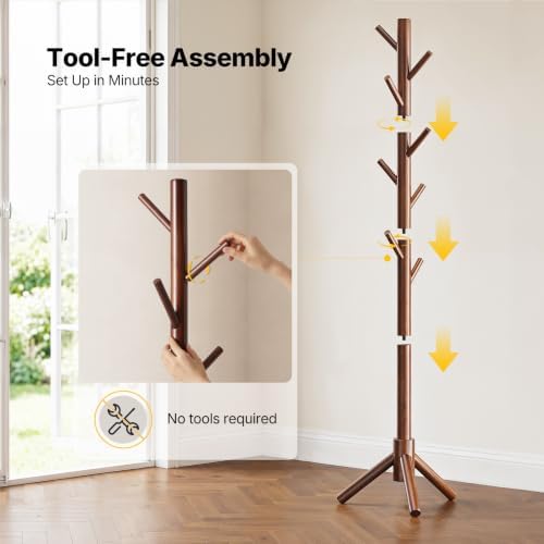 AMADA Solid Wooden Coat Rack Freestanding with 8 Hooks, Walnut