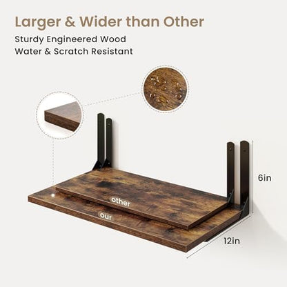 Rustic Brown 12 Inch Deep Floating Shelves Set of 2, Wall Mounted Shelf with Metal Brackets, Rustic Wood Wall Shelf for Bathroom, Kitchen and Living Room, Rustic Brown, 55W x 12D