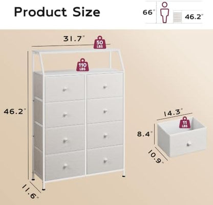 WLIVE Boucle 8 Drawer Fabric Dresser for Bedroom, Open Shelf, Cream White