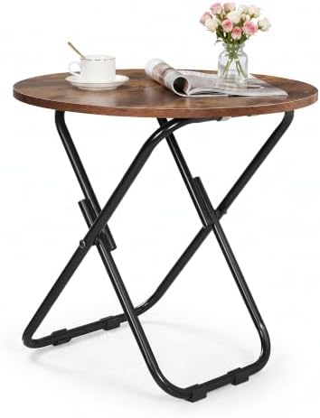 VECELO 17.7" Small Folding Table, Round Patio Outdoor Side Snack Table, Waterproof Foldable Wood End Table with Anti-Rust Metal Legs for Living Room Bedroom Garden Yard Balcony Porch