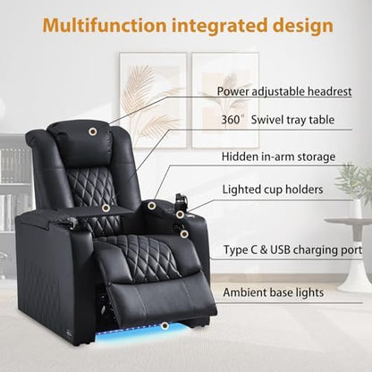 comfiroom Top-Grain Leather Home Theater Seating, Dual-Motor Power Recliner