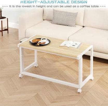 JSB 33.2" Folding Adjustable Desk for Small Spaces,Mobile Portable Rolling Laptop PC Table on Wheels,Foldable Computer Desk for Home Office,Bedroom,Space Saving，White：33.2 Inches