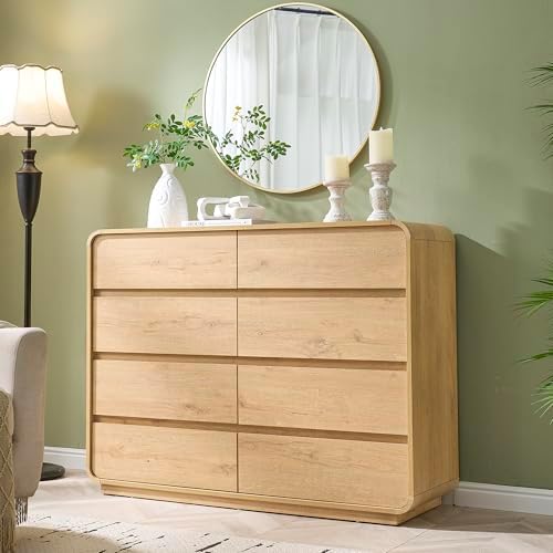 Natural Dresser with 8 Drawers, FarmhouseDresser for Bedroom, Rustic Wood Chest of Drawers,Storage Closet, Chest of Drawers Handleless Design,Living Room, Curved Dresser Design 47" Wide
