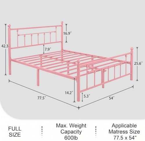 VECELO Full Size Metal Platform Bed Frame with Headboard and Footboard, Heavy Duty Slat Support/No Box Spring Needed Mattress Foundation/Underbed Storage Space, Victorian Style