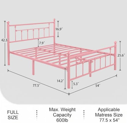 VECELO Full Size Metal Platform Bed Frame with Headboard and Footboard, Heavy Duty Slat Support/No Box Spring Needed Mattress Foundation/Underbed Storage Space, Victorian Style