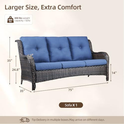 Rilyson Outdoor Patio Wicker Sofa, 900Lbs Weight Capacity Large 3 Seater Wicker Patio Couch with 4in Seat Cushions and Deep Seating, All Weather for Backyard, Garden, Poolside (Mixed Grey/Blue)