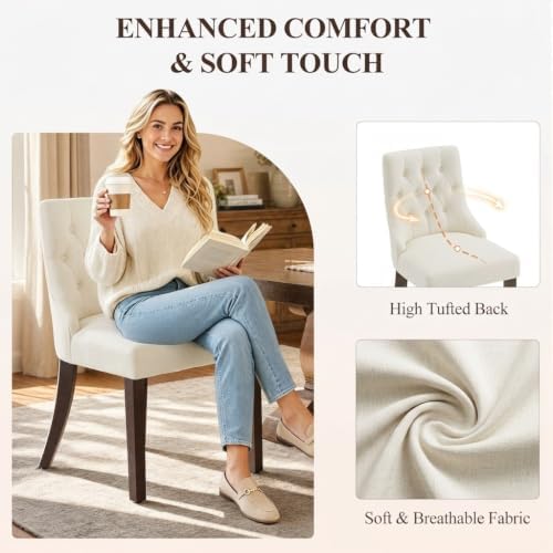 Upholstered Dining Chairs Set of 6, Wingback Dining Room Chairs with Tufted Button, Fabric Dining Chairs with Solid Wood Legs for Dining Room, Kitchen, Apartment，Beige
