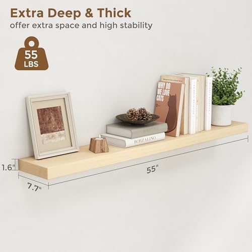 Marsmiles Natural Wood Floating Shelves, 55'' x 7.7'' x 1.6'', Set of 1