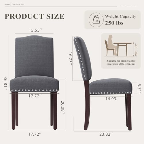 MALOL Upholstered Parsons Dining Chairs Set of 2, Modern Dining Room Chairs with Back, Fabric Kitchen Side Chairs with Wood Legs, Nailhead Trim for Dinner Farmhouse Restaurant, Darkgrey