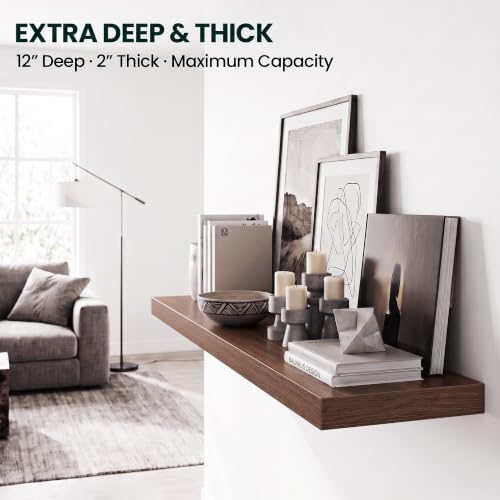 12 Inch Deep Floating Shelves Walnut, 24 Inch Long, 2" Thick Floating Shelves for Wall, Hidden Bracket, Scratch-Resistant Wood Grain for Bedroom Bathroom Kitchen, Coffee Bar, Bookshelf