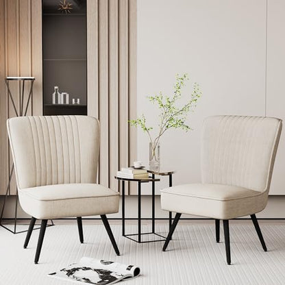 Alunaune Accent Chair Set of 2 Upholstered Living Room Chairs Modern Bedroom Furniture Sets Armless Slipper Club Chair Guest Reception Couch Comfy Wingback Single Sofa-Ivory