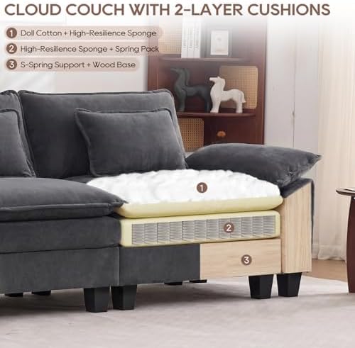 IPKIG 154" Modular Sectional Sofa, Velvet U-Shaped Sectional Couch Comfy Upholstered 4-Seat Sofa with 2 Ottoman, 4 Lumbar Pillow, Deep Seat Cloud Couch Sofa for Living Room, Dark Grey