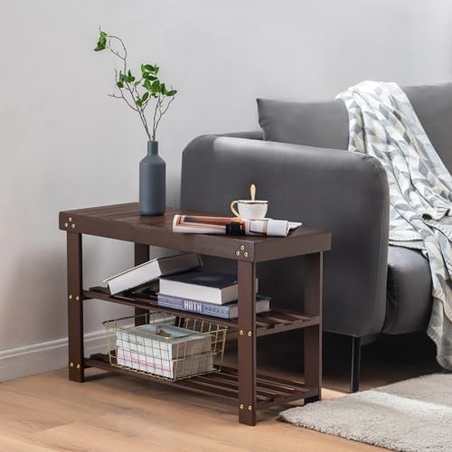 Apicizon Bamboo Shoe Rack Bench, 3-Tier Entryway Organizer, Brown