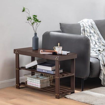 Apicizon Bamboo Shoe Rack Bench, 3-Tier Entryway Organizer, Brown