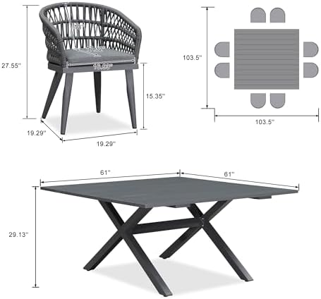 PURPLE LEAF Outdoor Dining Set 9 Pieces Square Table Rattan Aluminum Grey