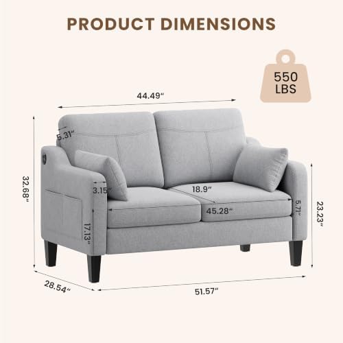 51'' Small Loveseat Sofa, 2-Seater Linen Fabric Couch for Compact Spaces