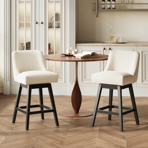 MALOL 27" Upholstered Swivel Bar Stool Set of 1 with Wood Legs, Beige