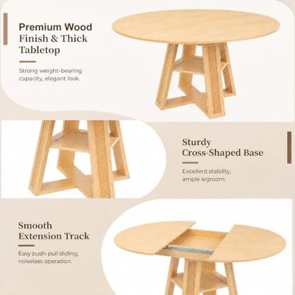 43.3"-59.05" Extendable Round Dining Table, Rustic Kitchen Table for 4-6