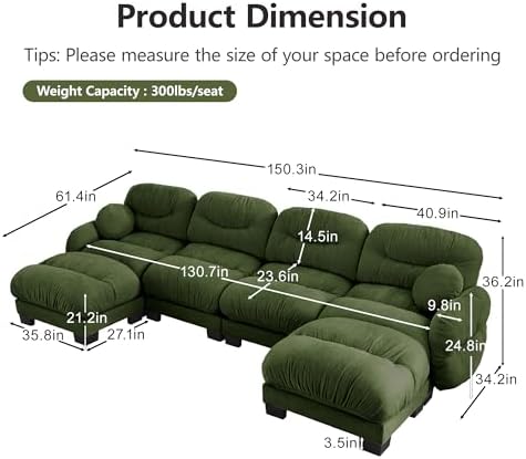 150-Inch U-Shaped Modular Sectional Sofa, Chenille Cloud Couch, Green