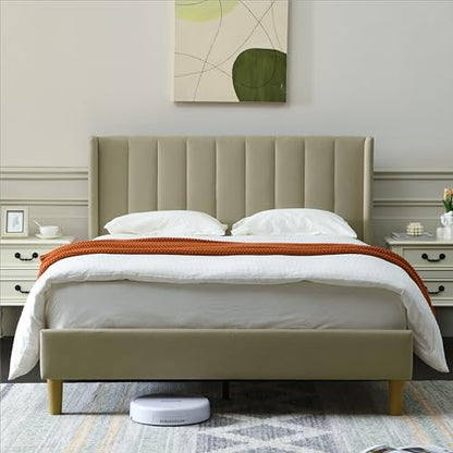 YUHUASHI Full Bed Frame，Platform Bed with Upholstered Headboard，Beige