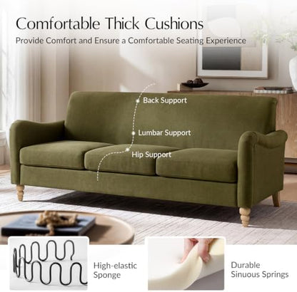 HULALA HOME Farmhouse Curved Couch, 3 Seater Upholstered Sofa, Moss