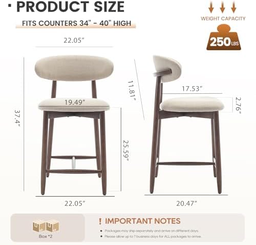 MALOL Counter Height Bar Stools Set of 3, Kitchen Bar Stools with Back, Mid Century Modern Upholstered Barstools with Wood Legs for Kitchen Island Dining Room, Beige
