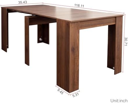 118.5'' Extendable Wood Dining Table for 8-12, Modern Rectangle Multifunctional Dining Kitchen Table Console Table for Living Room Home Office, Easy Assembly, Walnut
