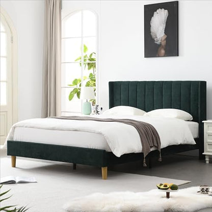 YUHUASHI Queen Bed Frame，Platform Bed with Upholstered Headboard，Ink Green