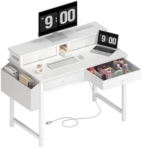 Lufeiya Small White Kids Desk with Fabric Drawers for Bedroom, 32 inch Vanity Makeup Desk with Drawers Storage for Home Office, Writing Study Table with Power Outlet & Monitor Stand, White
